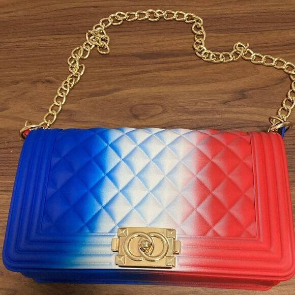 NWOT PVC Shoulder/Crossbody Handbag in Red/White/Blue with Gold-tone Hardware. - Picture 3 of 9